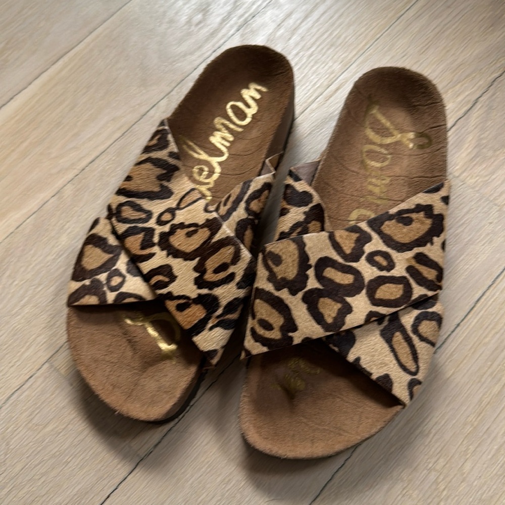 Never worn Sam Edelman leopard fur slides